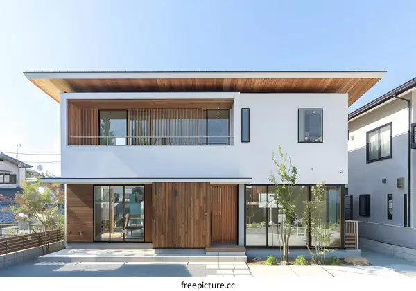 Modern Two Story House With Wooden Roof And Balcony