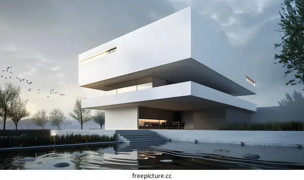 Modern Minimalist Concrete House with Pool and Birds in Flight