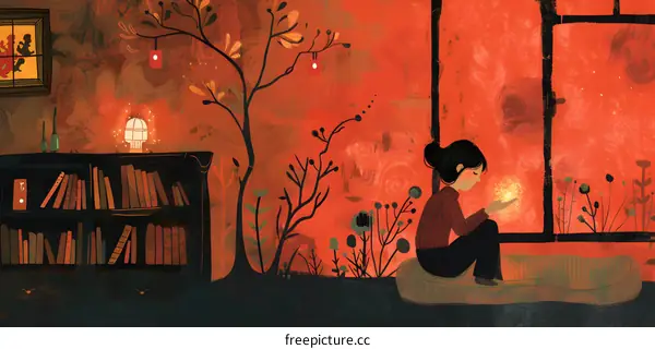 Girl Holding Light Near Window in Red Room