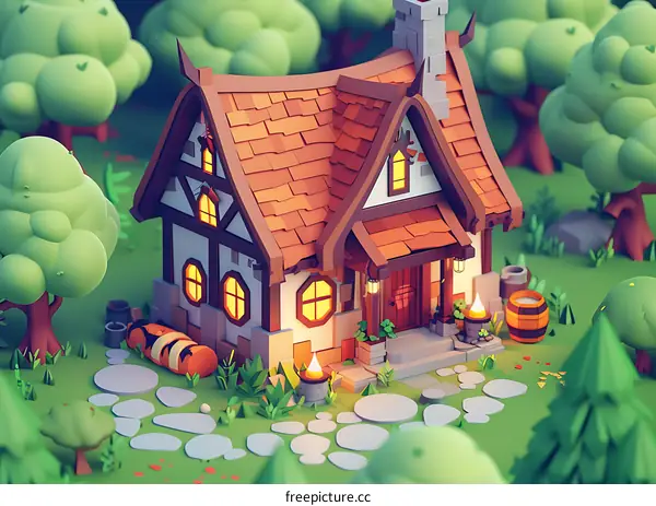 Low Poly Cottage Illustration with a Cozy Forest Setting