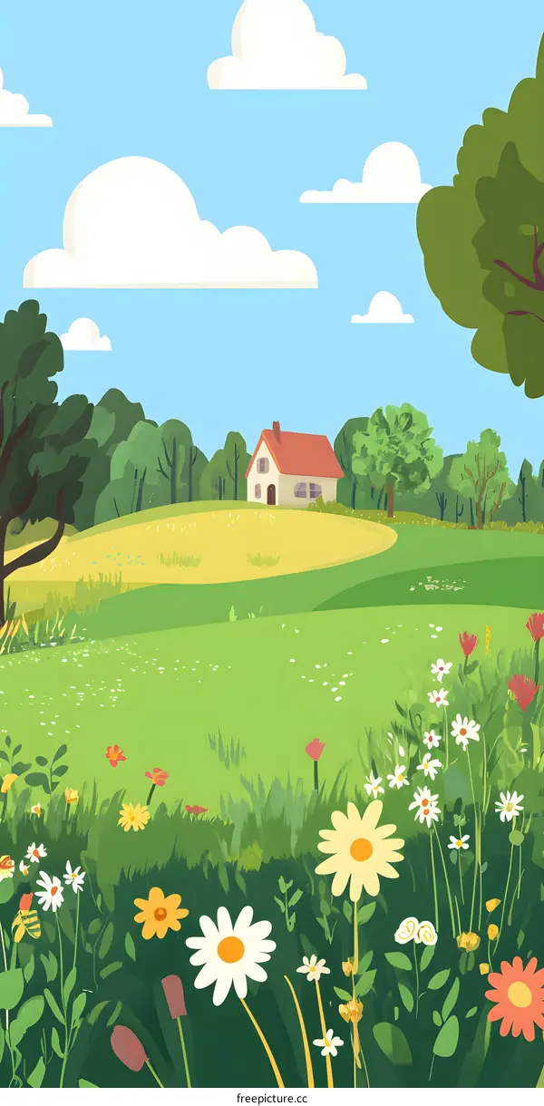 Colorful Illustration of a Green Field with a House in the Distance