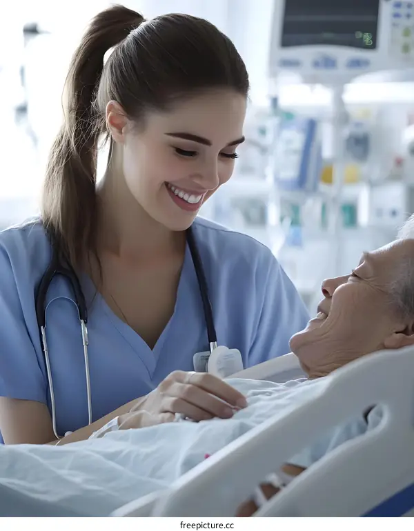Female Nurse Caring for Senior Patient in Hospital Room