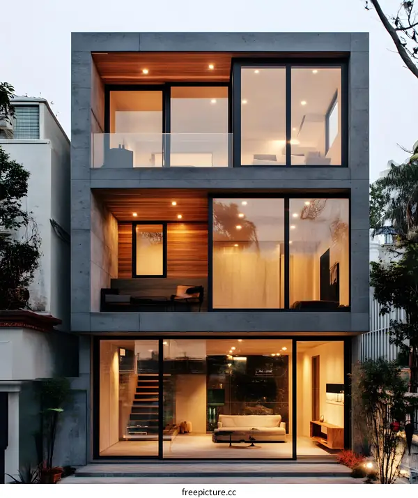 Modern House With Large Windows And Wooden Accents