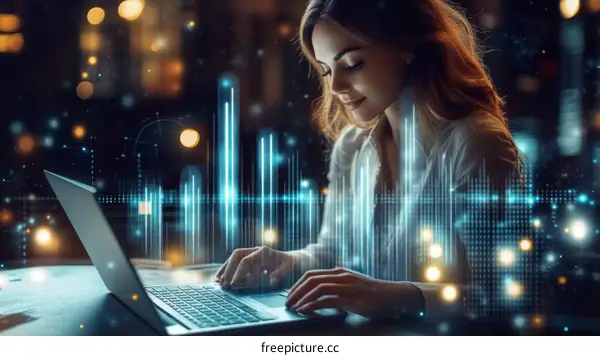 Woman Working on Laptop with Data Visualization