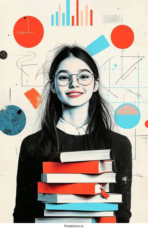 A Young Woman with Books and Abstract Designs