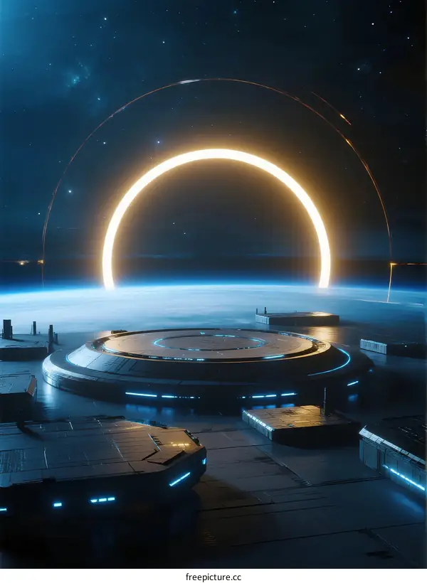 Futuristic Space Station with Orbital Ring Above Earth