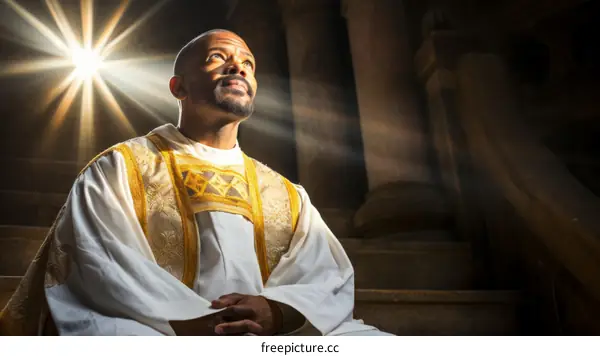 A priest sits in a church with light shining through the window