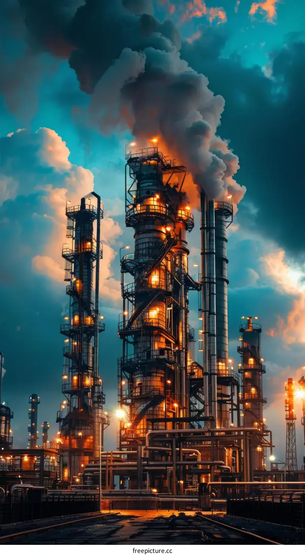 Oil refinery industrial plant with distillation towers at night