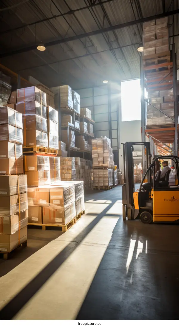 A warehouse worker operates a forklift in a warehouse full of boxes.