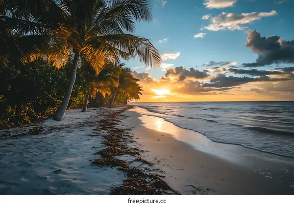 Palm Trees on a Sandy Beach at Sunset