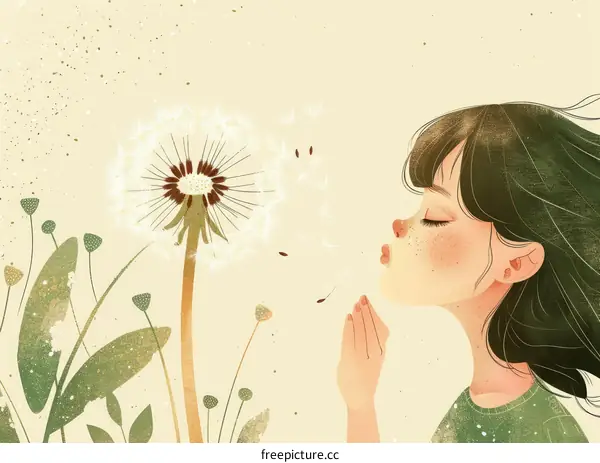 A Girl Blowing Dandelion Seeds in the Meadow