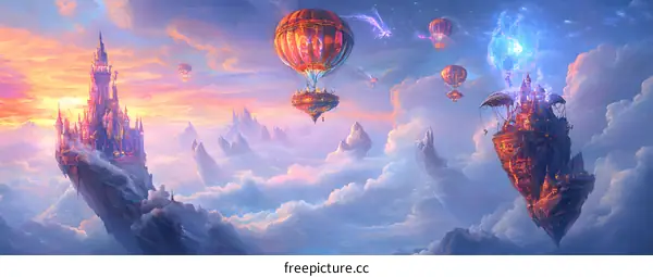 Fantasy World With Floating Castles And Hot Air Balloons