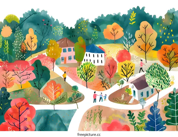 Watercolor Illustration of Autumn Landscape with Houses and People 