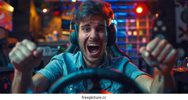 Gamer at the Computer Playing Racing Simulator Video Game with Steering Wheel