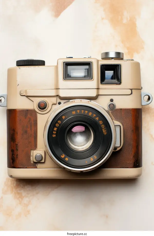 Vintage beige film camera with brown leather strap