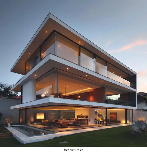 Modern Minimalist Glass House Design with Pool and Lawn