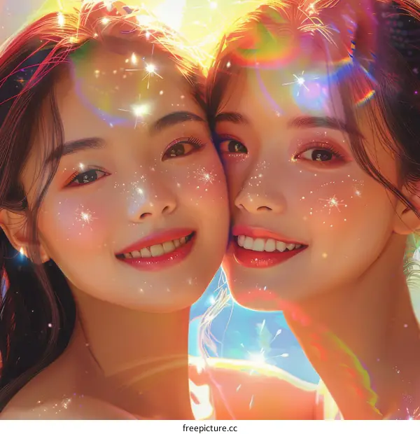 Two Smiling Asian Women with Glitter on their Face