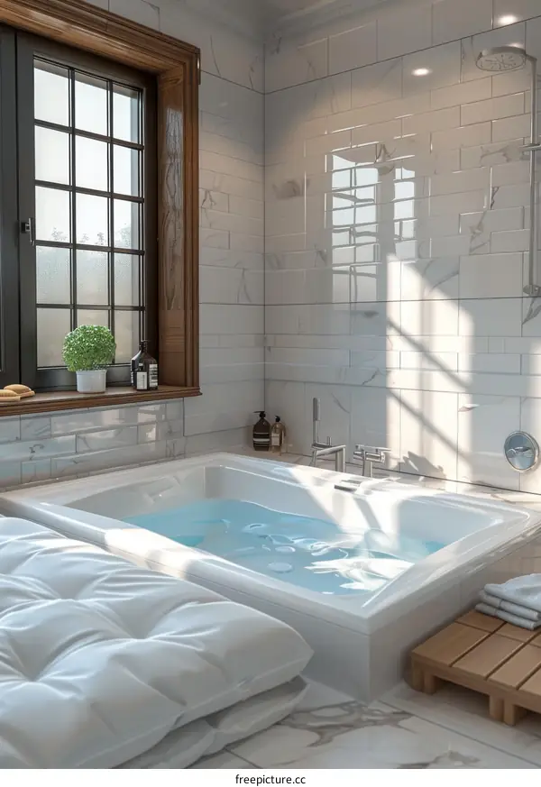 Modern Bathroom with White Tiles and a Bathtub