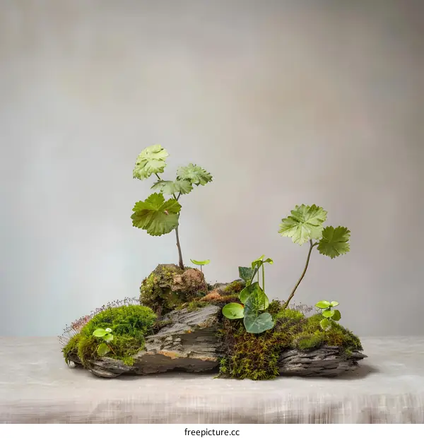 Green Plants on a Piece of Wood with Moss