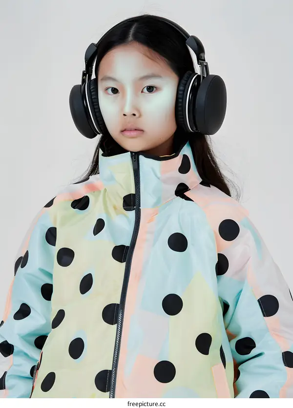 Young Asian Girl Wearing Polka Dot Jacket and Headphones