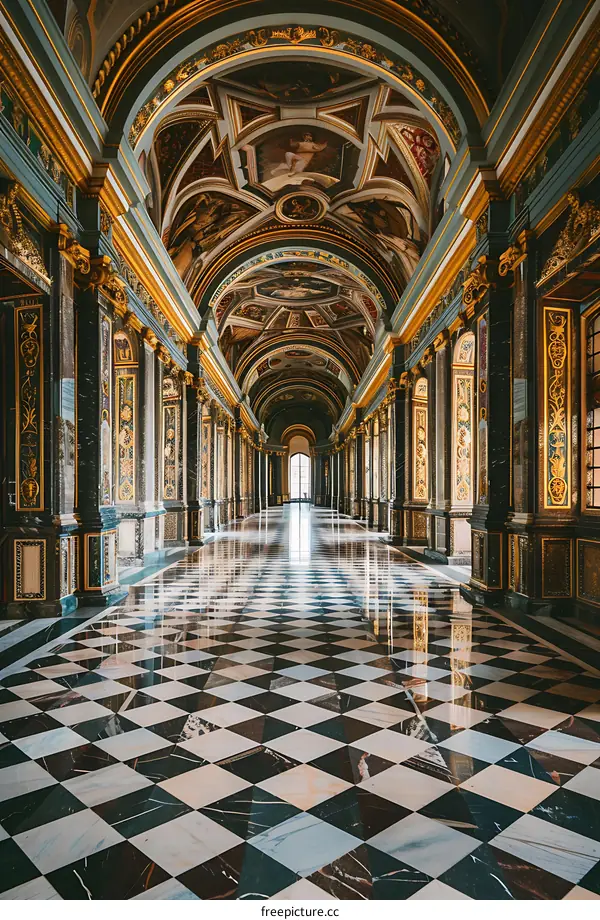 Golden and Marble Hallway with Checkered Floor