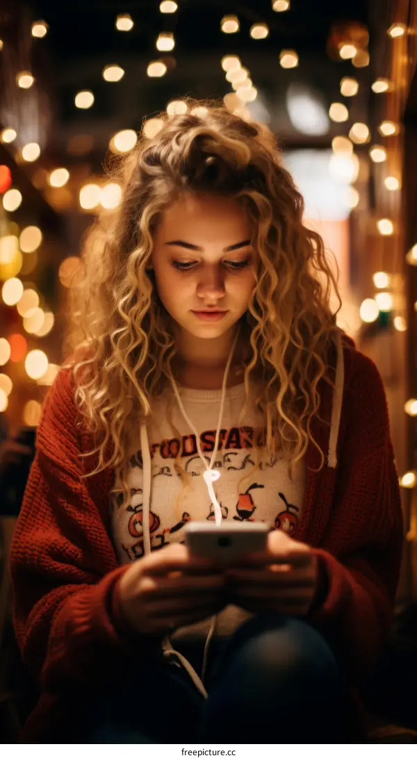Young woman with curly hair using a smartphone in a dimly lit room