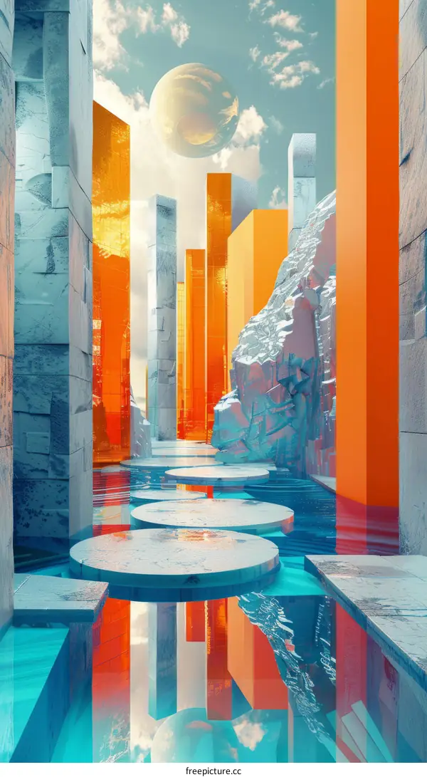 Surreal Minimalist City with Blue Water and Floating Platforms