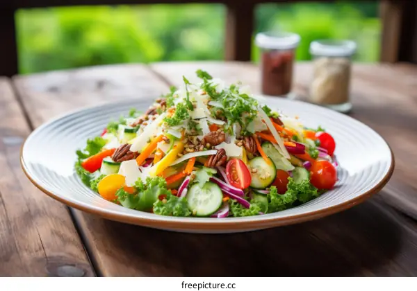Fresh and Colorful Salad with Lettuce, Cucumber, Tomatoes, Carrots, and Onions