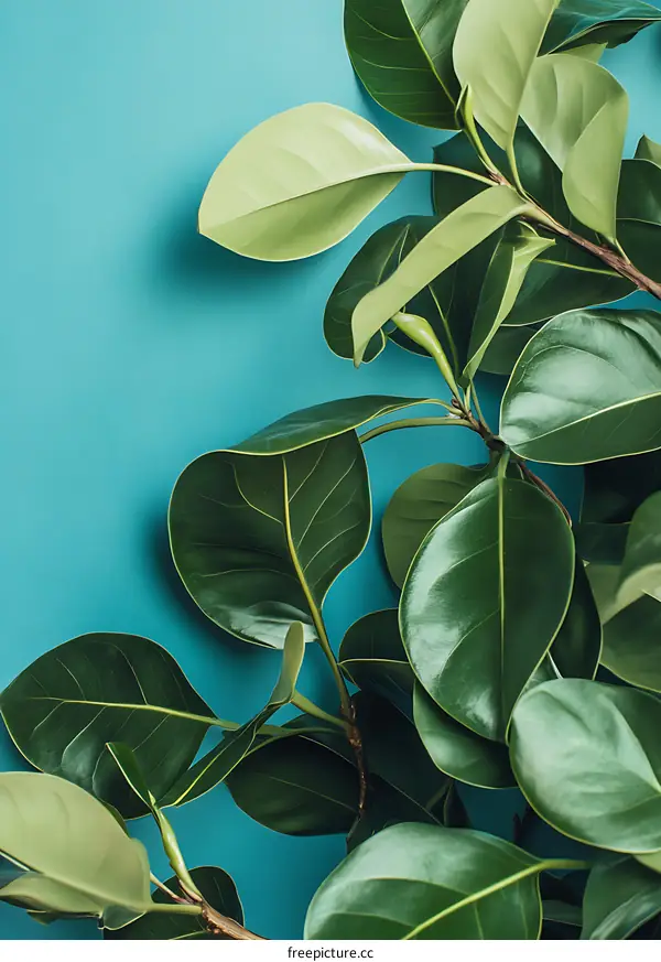 Green Leaves on Turquoise Background