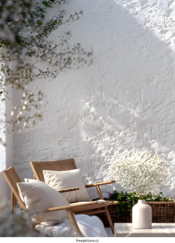 Minimalist Patio with Wicker Chairs and White Wall
