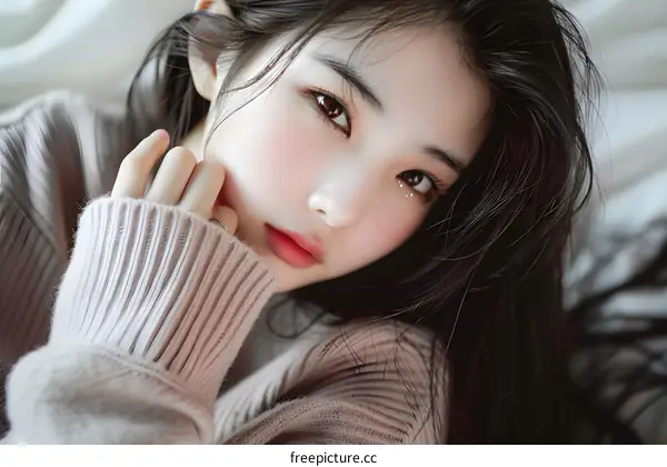 Beautiful Asian Woman with Long Black Hair Looking at Camera