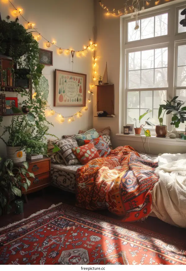 Cozy bedroom with natural light and lots of plants