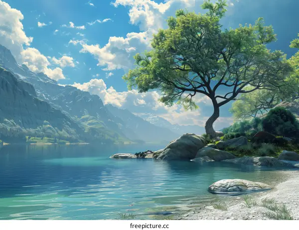 Fantasy Landscape with Mountains, Lake and Tree