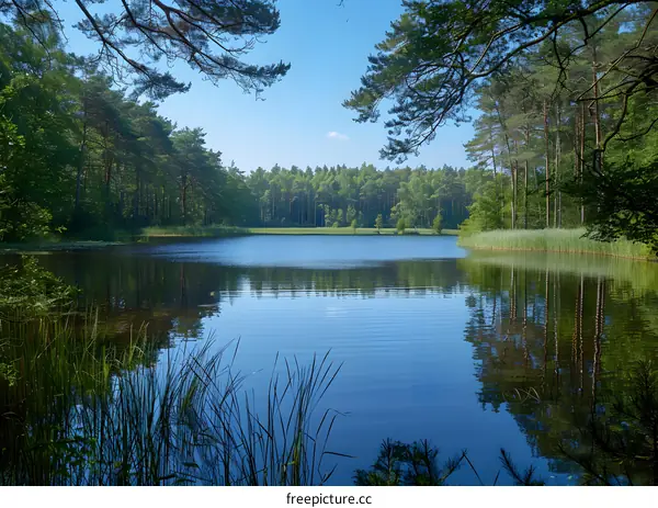 Calm Water Lake in Forest with Reflecting Trees