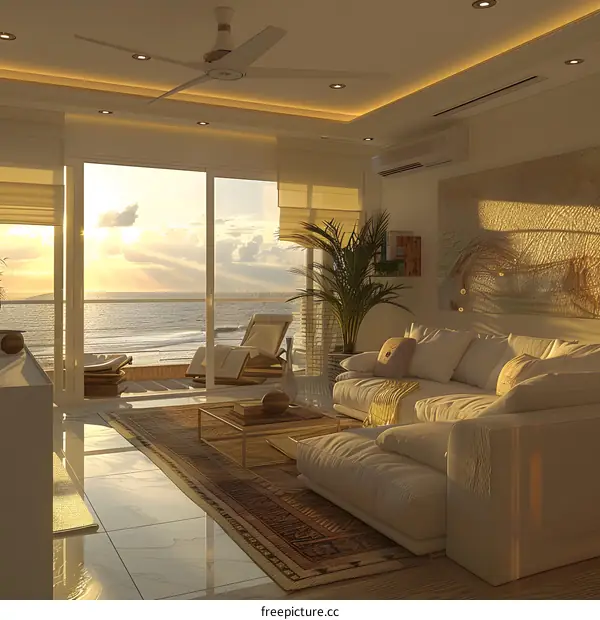 Modern Living Room With Ocean View And Sunset