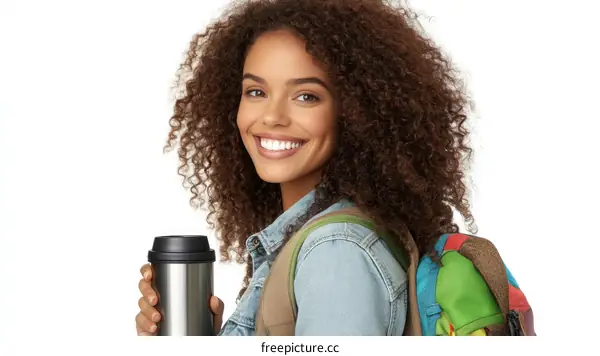 Smiling Woman with Curly Hair Holding a Drink