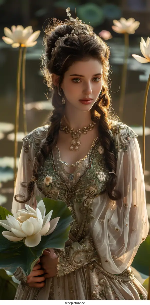 Elegant Woman in Vintage Style Dress by the Pond