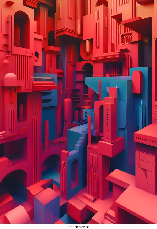Abstract Cityscape with Red and Blue Blocks
