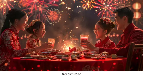Chinese Family Celebrating Spring Festival with Fireworks and Lanterns