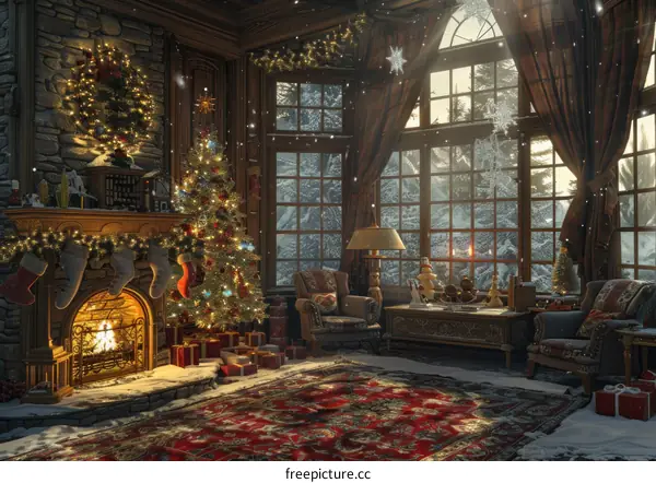 Cozy Christmas Living Room with Tree and Fireplace