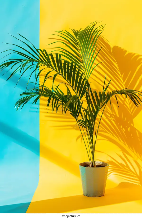 Green Palm Plant In A Pot On Blue And Yellow Background