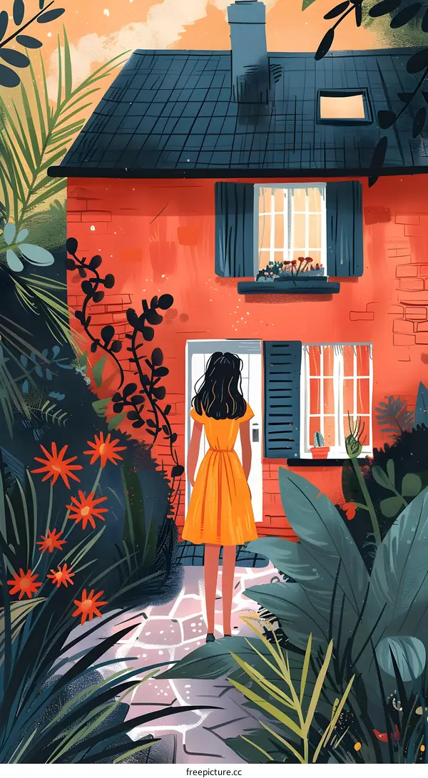 girl in yellow dress standing in front of a house