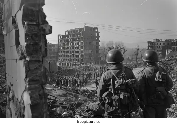 Two American soldiers viewing the destruction in Seoul, Korea, circa 1950
