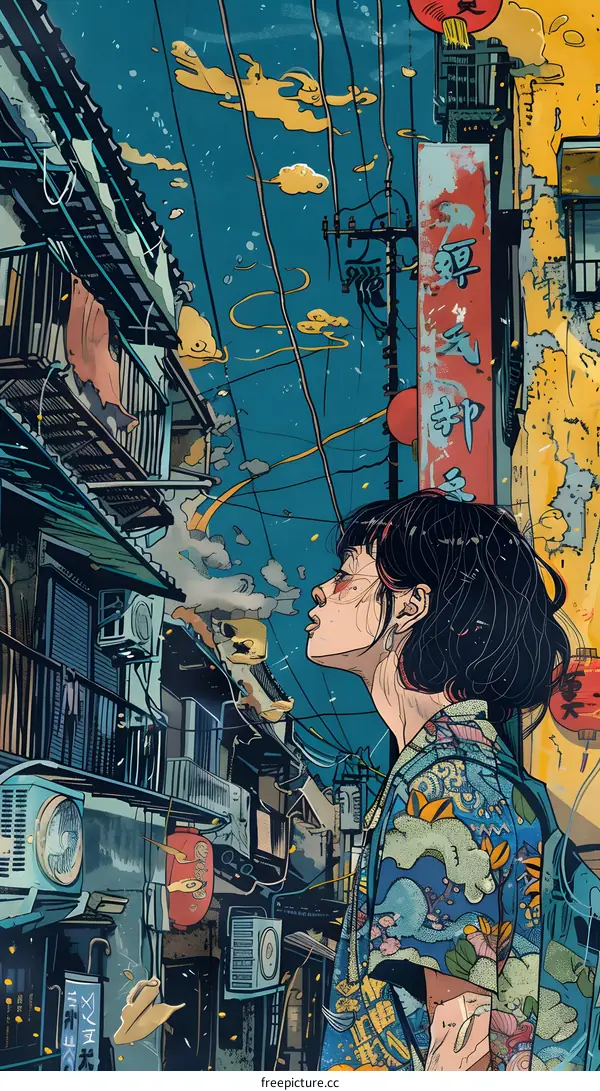 Japanese Cityscape Illustration with Woman in Traditional Clothing