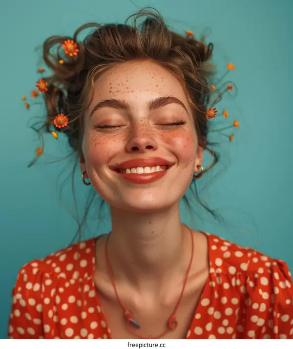 Closeup Portrait of Young Woman with Flowers in Her Hair Smiling
