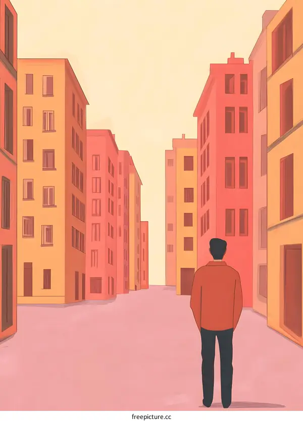 Man Walking Away From City Buildings