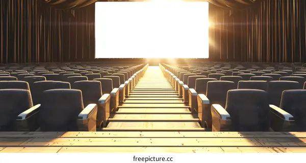 Empty Movie Theater Seats and Screen With Sunlight
