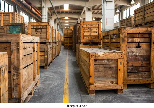 Stacks of wooden crates in a warehouse