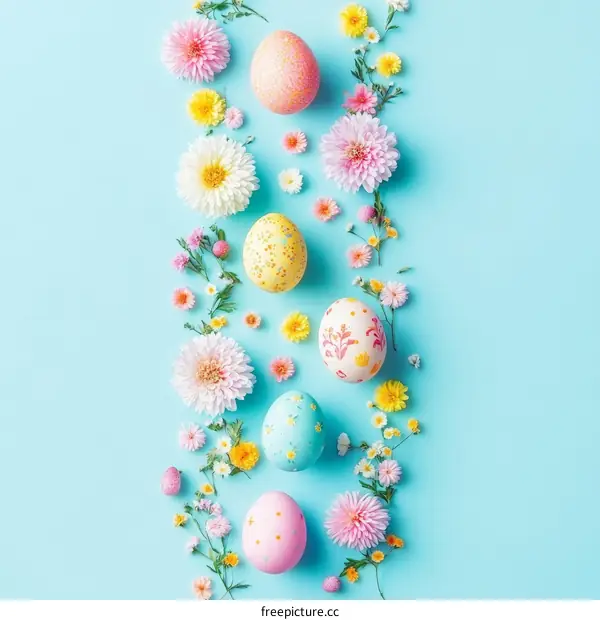 Easter Eggs and Flowers on Light Blue Background