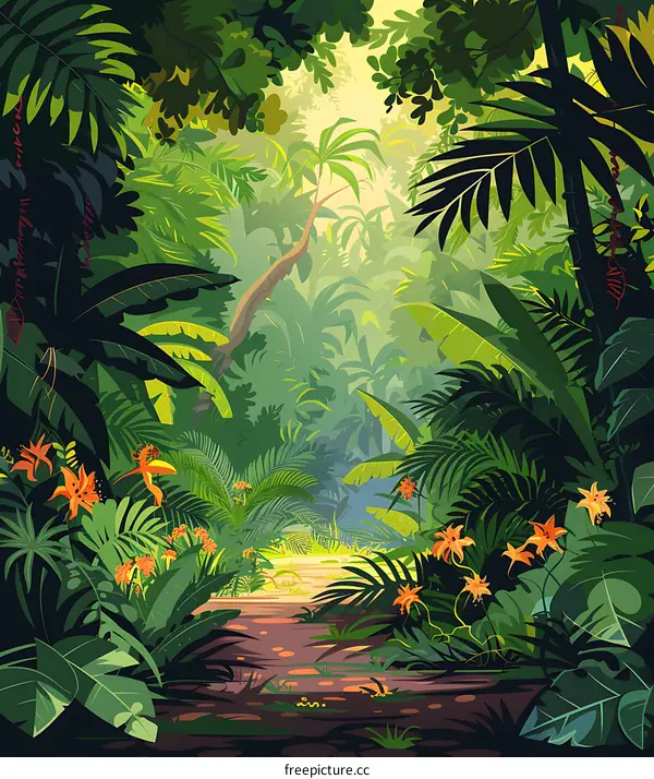 Jungle Landscape with Pathway and Lush Greenery